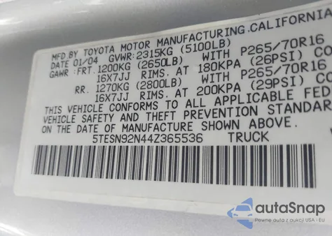 2004 Toyota Tacoma Prerunner V6 from USA, damaged, VIN 5TESN92N44Z365536